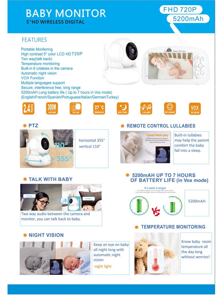 Baby Monitor 5" 1080P HD Video 2-Way Audio Auto Night Vision Temperature Monitoring LullabiesA