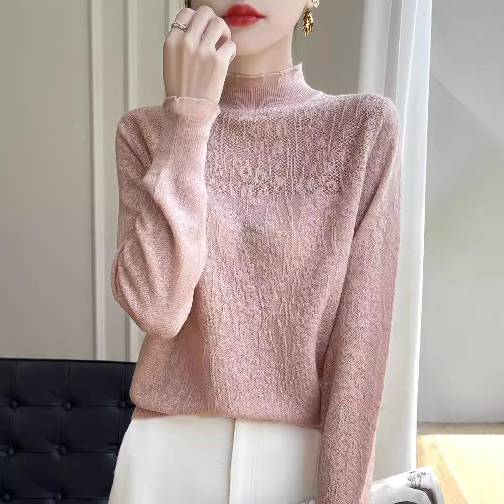 Autumn Winter Half High Collar Lace Crochet Sweet Sweater Women Ruffles Solid Color All-match Bottomed Knitting Top