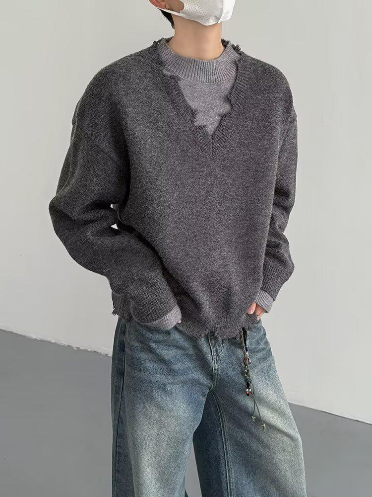 Men s American Retro Distressed Sweater - Scruffy Cool Loose Knitwear 2XL
