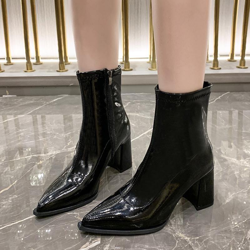 Women's Slim Pointed High-Heeled Ankle Boots - French Style, Fall/Winter 2024, Thick Heel, Outdoor Martin Style