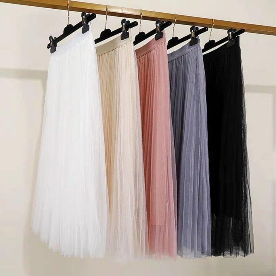 Elegant Women Tulle Skirt Korean Fashion Mesh White A Line Ladies Pleated Skirt Summer Chic High Waist Black Party