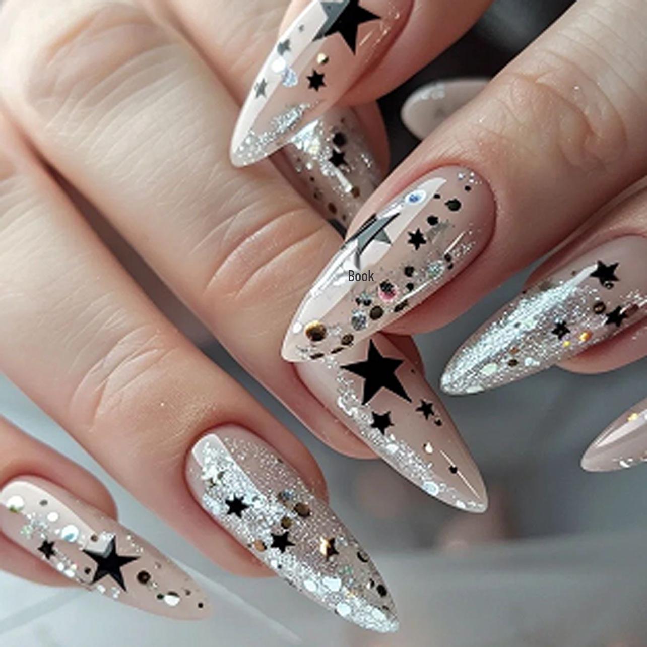

Black Pentagram Glitter False Nails - Short Almond Wearable Tips