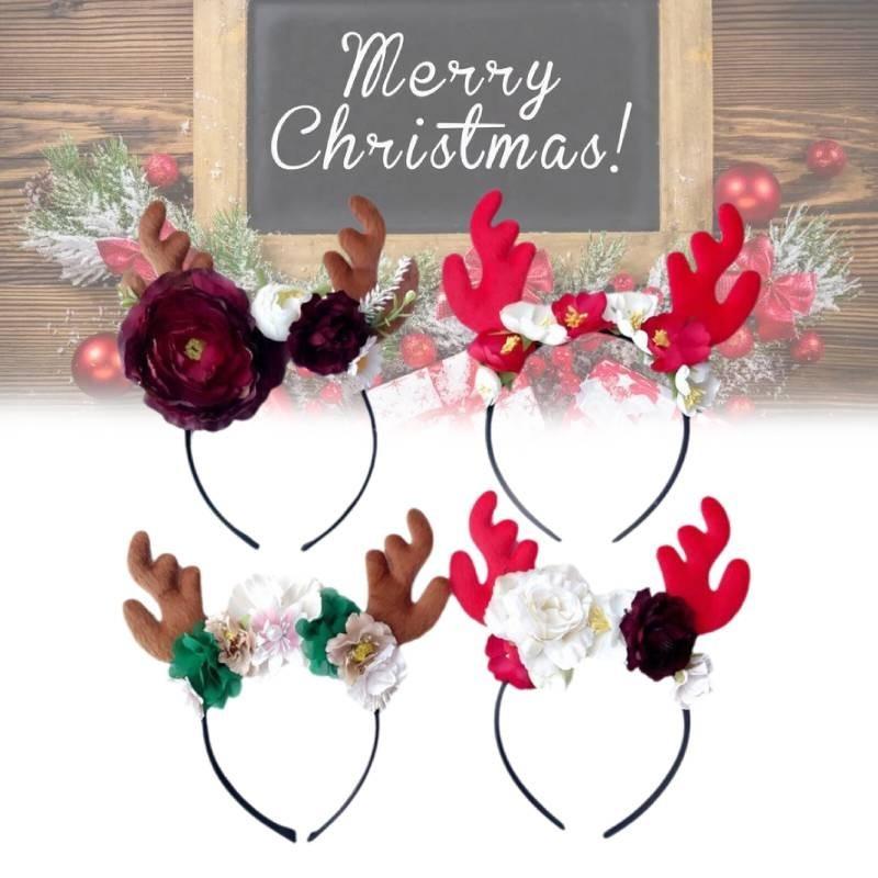 Festive Red Velvet Reindeer Antlers Headband With Floral Design For Girls