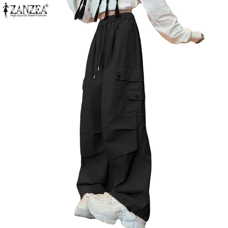 ZANZEA Women Elastic Waist Loose Casual Long Cargo Pants
