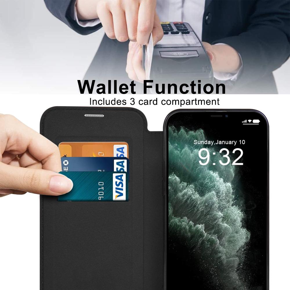 For iPhone 11 Pro Max 6.5 inch Compatible with MagSafe RFID Blocking Card Slots PU Leather+TPU Electroplating Clear Back Flip Case with Lens Film