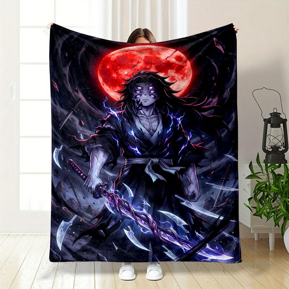 A Warrior with Glowing Eyes, a Crackling Sword, and a Red Moon Background. for All Seasons Blanket Lunch Break Throw Gift