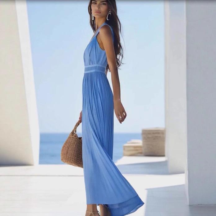 Women Halter Neck Plunging V Neck Maxi Dress Button Detail Pleated Backless Summer Beach Dress