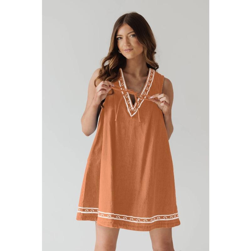 QICED Fashion Summer Spring Solid Color Print Sleeveless V-Neck Casual Dresses