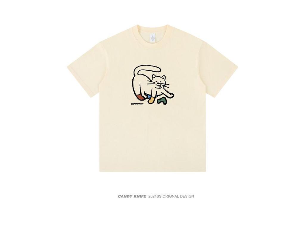 Damen T-Shirt mit japanischem Kätzchen-Print - Reine Baumwolle, Kurzarm, Niedlich und locker geschnitten mit Rundhalsausschnitt