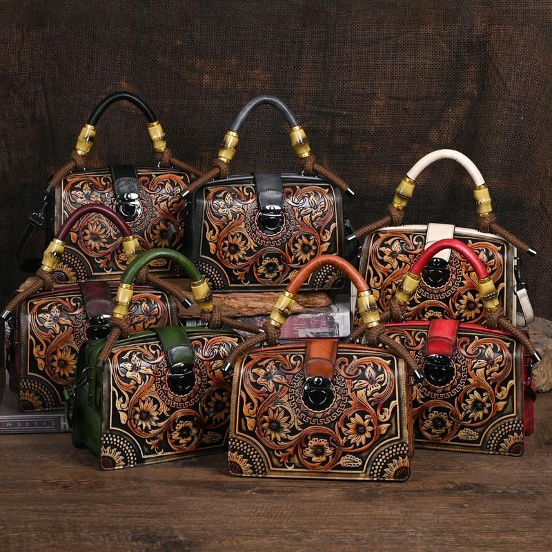 Johnature Vintage Luxury Handbag Handmade Leather Carved Women Bag Versatile Female Shoulder & Crossbody Bags