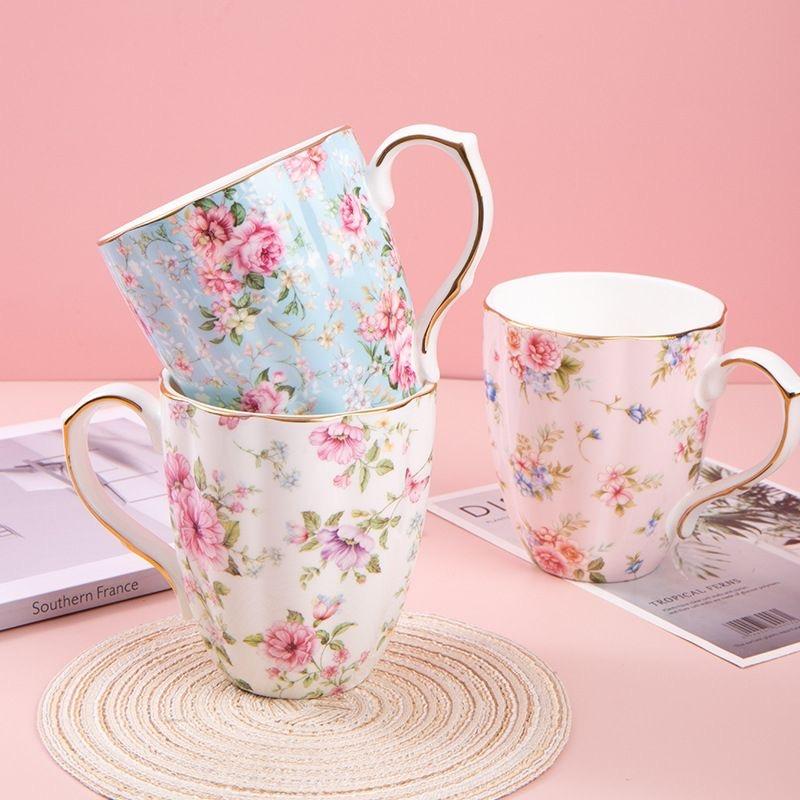Bone China Coffee Mug – Gold Rim Floral Porcelain Cup for Tea, Milk & Home Office Use