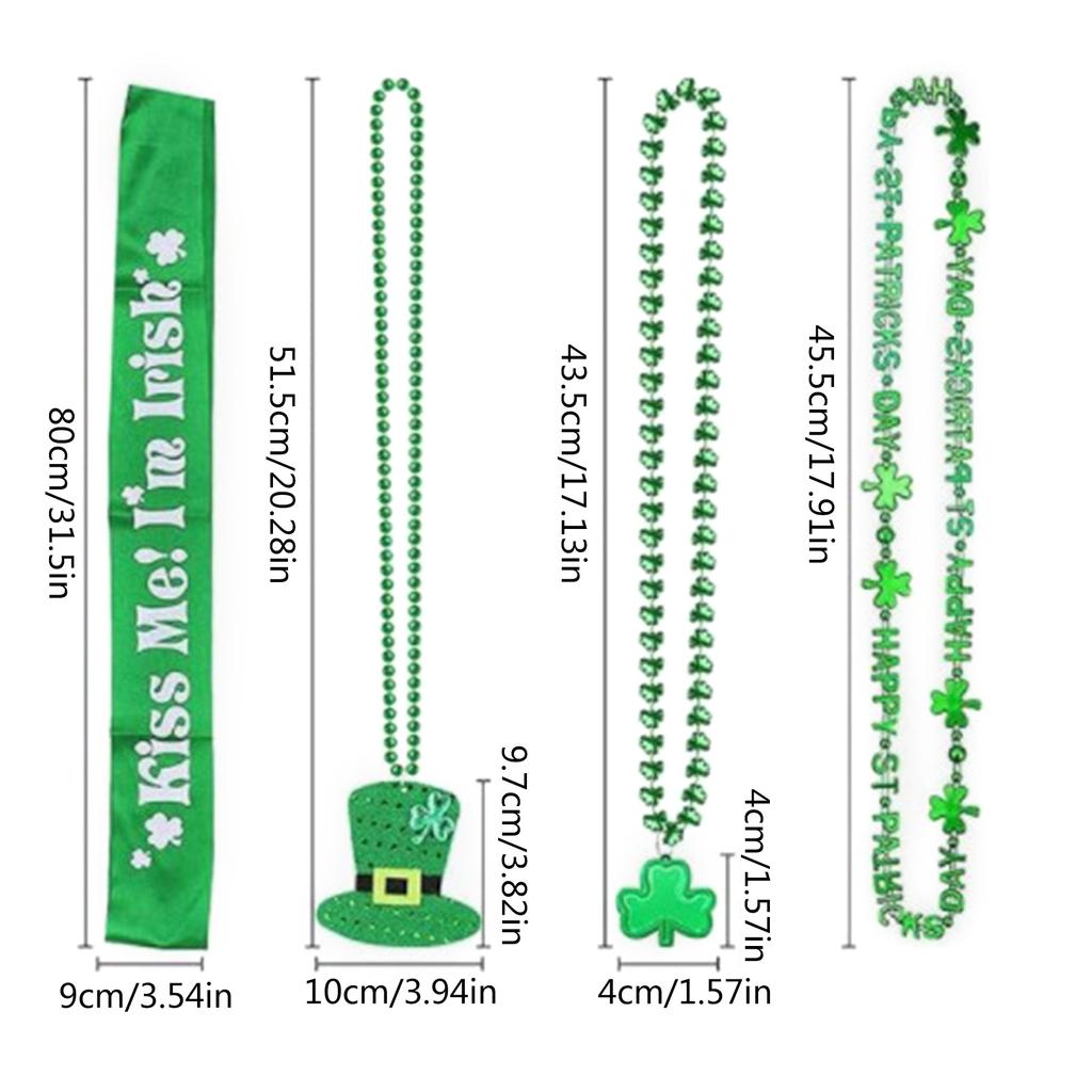 12x St. Patrick's Day Accessories Set Green Shamrock Beads Necklaces Irish Party Shoulder Straps for Costume Accessories