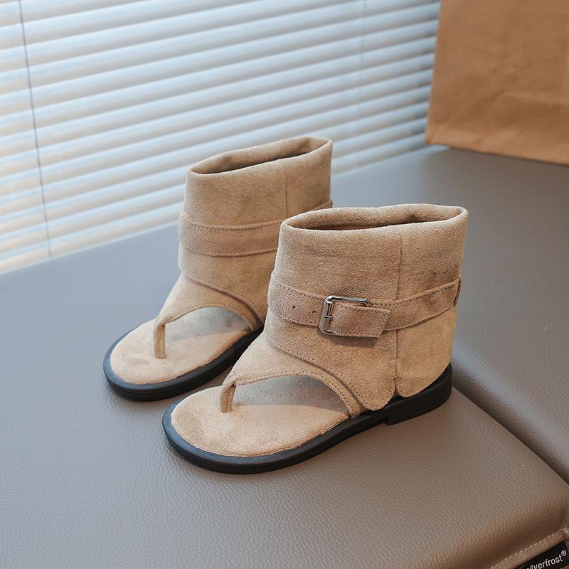 Kids Suede Buckle Strap Open Toe Casual Ankle Boots Sandals 26 абрикосовый