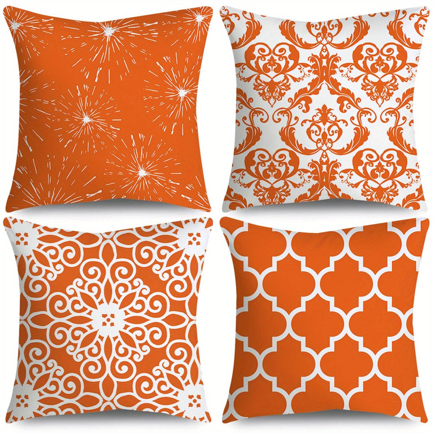 

4 Pack Vibrant Orange Cushion Covers 45x45cm White Scroll, Lattice, Starburst & Baroque Patterns for Contemporary Sofa Decor 35x35cm 4pcs