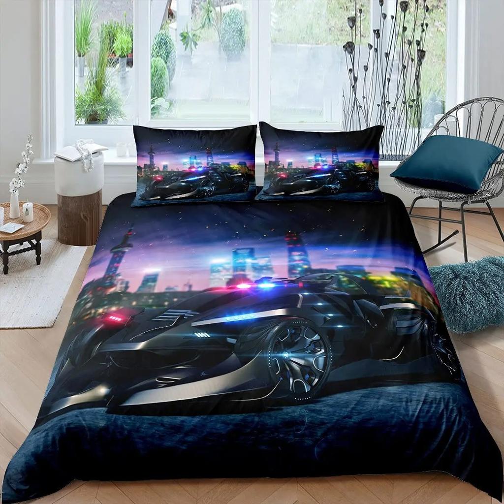 Police Car Duvet Cover Set Cartoon Car Bedding Set Kids Boys Blue Grey Emergency Responder Vehicles Polyester Quilt Cover