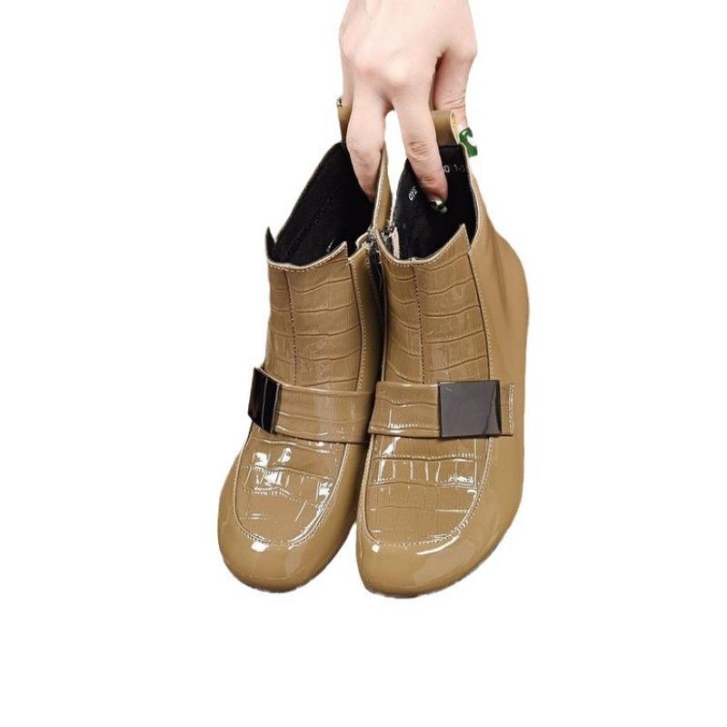 New Style Short Boots Women's Thick-heeled Flat Shoes Lacquer Leather Boots