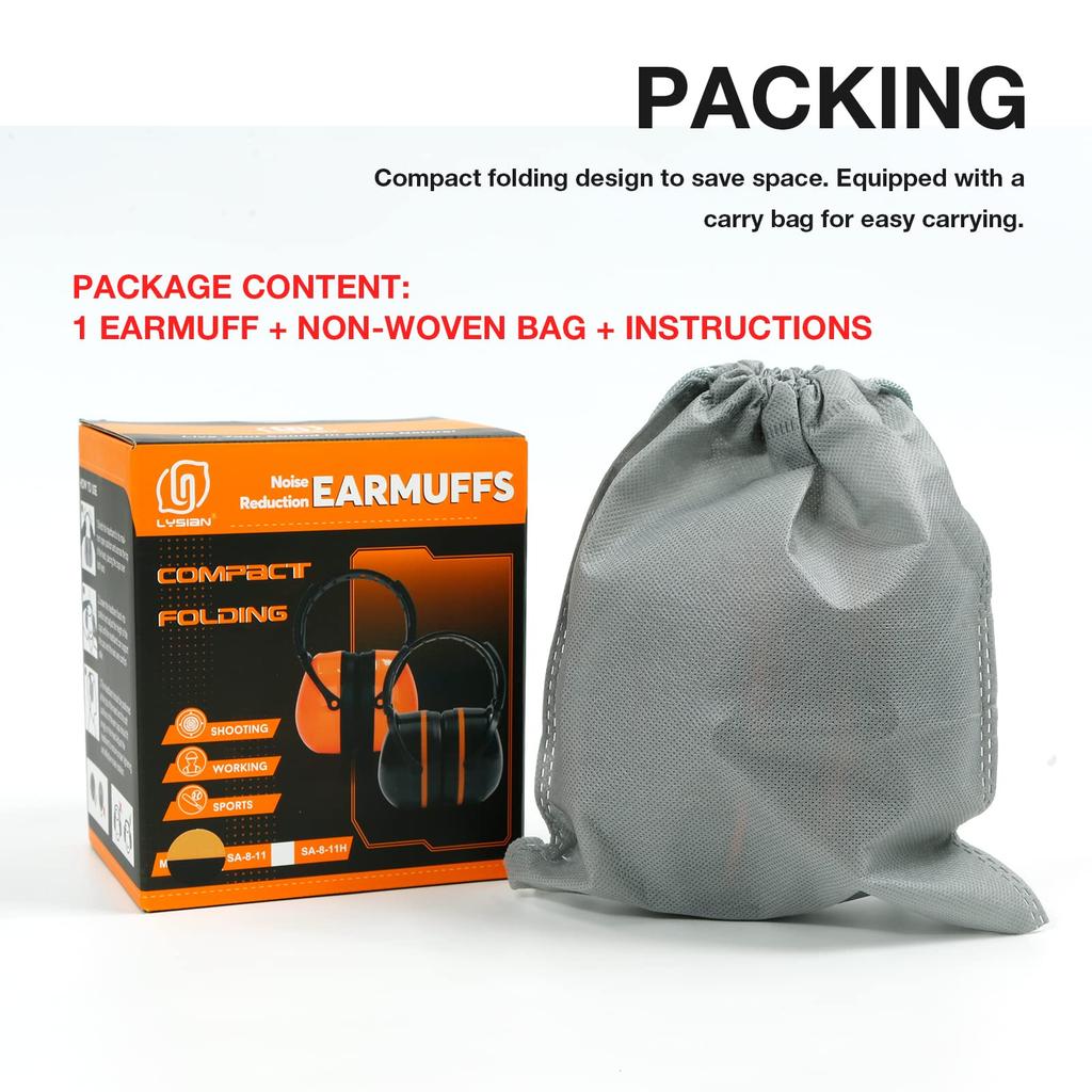 LYSIAN Foldable Noise Reduction Hearing Protection and Safety Earmuffs for and Loud Security Orange Black Earmuffs, Filming, Workshops, Events,