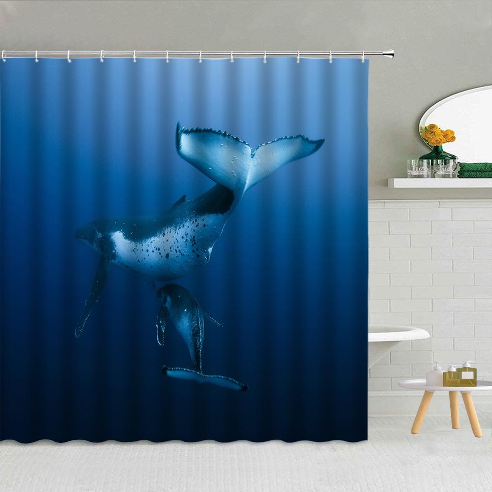 Blue ocean underwater beach scenery shower curtain dolphin turtle whale animal bathroom decoration hook curtain