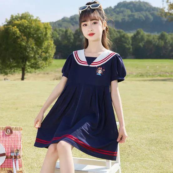 Navy Collar Girls' Summer Dress - Stylish Loose-fit Princess Dress for Medium & Large Children
