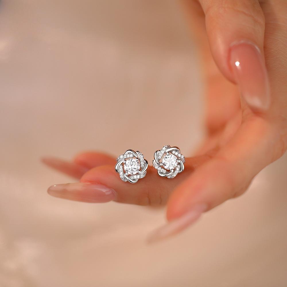 Fashion Flower Wrapped Windmill Stud Earrings Real Moissanite 925 Silver Earrings for Women Engagement Jewelry