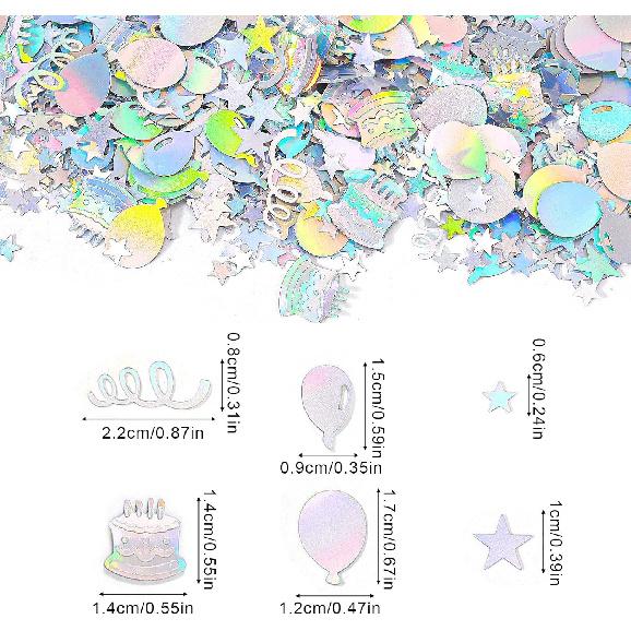 600pcs Birthday Confetti, Metallic Birthday Table Scatter Iridescent Party Confetti for DIY Crafts Cake Balloons Stars Ribbons Shapes Festive Table