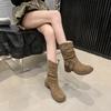 Fashion Vintage Thick Heel Women Western Cowboy Boots Autumn Winter Ladies Shoes Belt Buckle Elegant Mid Calf Booties