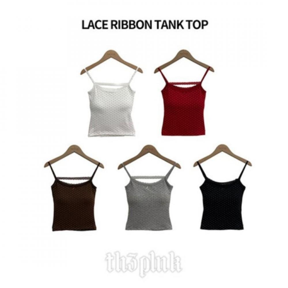 The Pink Women Dot Lace Trimming Ribbon Crop Top