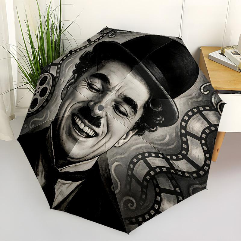 1pz Ombrello Pieghevole Automatico Charlie Chaplin, Design Pieghevole Portatile, Accessorio Casual da Esterno L1127117