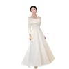 High-end White Evening Dress, Banquet Temperament, One-word Shoulder Long-sleeved Host Performance Uniform, Certificate Engagement Dress