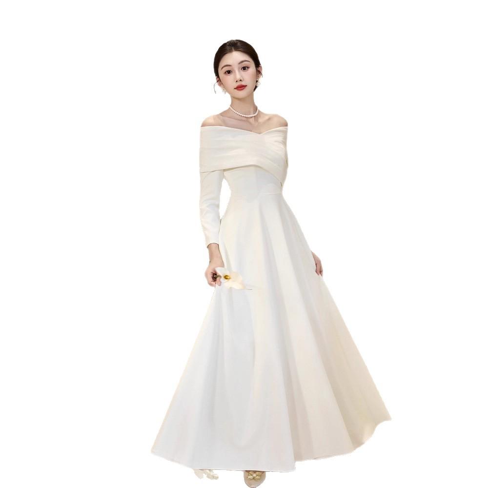 High-end White Evening Dress, Banquet Temperament, One-word Shoulder Long-sleeved Host Performance Uniform, Certificate Engagement Dress