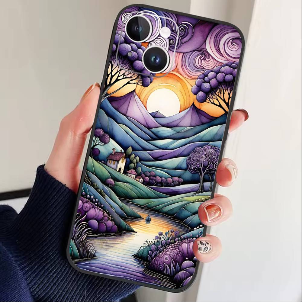 Whimsical landscape Starry Night Phone Case For iPhone17,16,15,14,13,12 Plus,Max Soft Silicone Black Cover