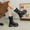 Height-increasing Thick-soled and Thin Medium Boots Women's 2025 Spring New Belt Buckle Fashion Boots Leather High-heeled Niche Short Boots