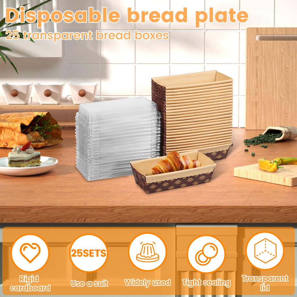 25 stuks Papieren Bakvorm Herbruikbare Papieren Mini Broodvorm met Deksel en Vork Stapelbare Rechthoekige Papieren Vorm Brood Cake Doos