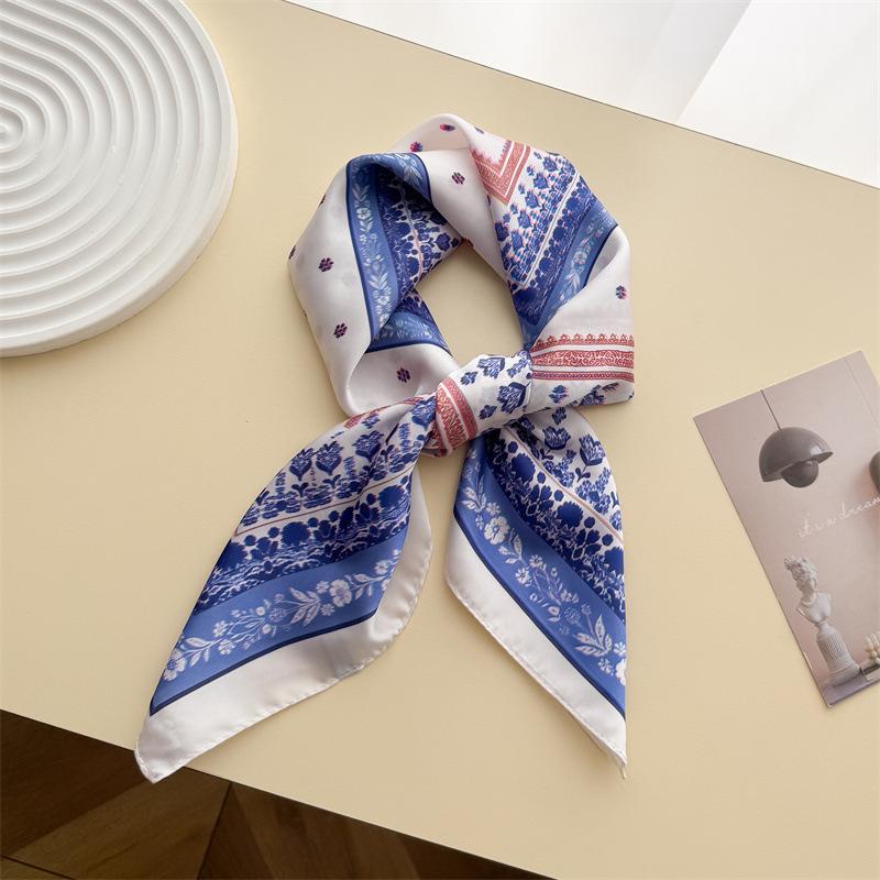 Korean Version of Small Floral Simulation Silk Printing Silk Scarf Small Square Scarf High-end Shawl Sunscreen Neck Scarf Headscarf Scarf