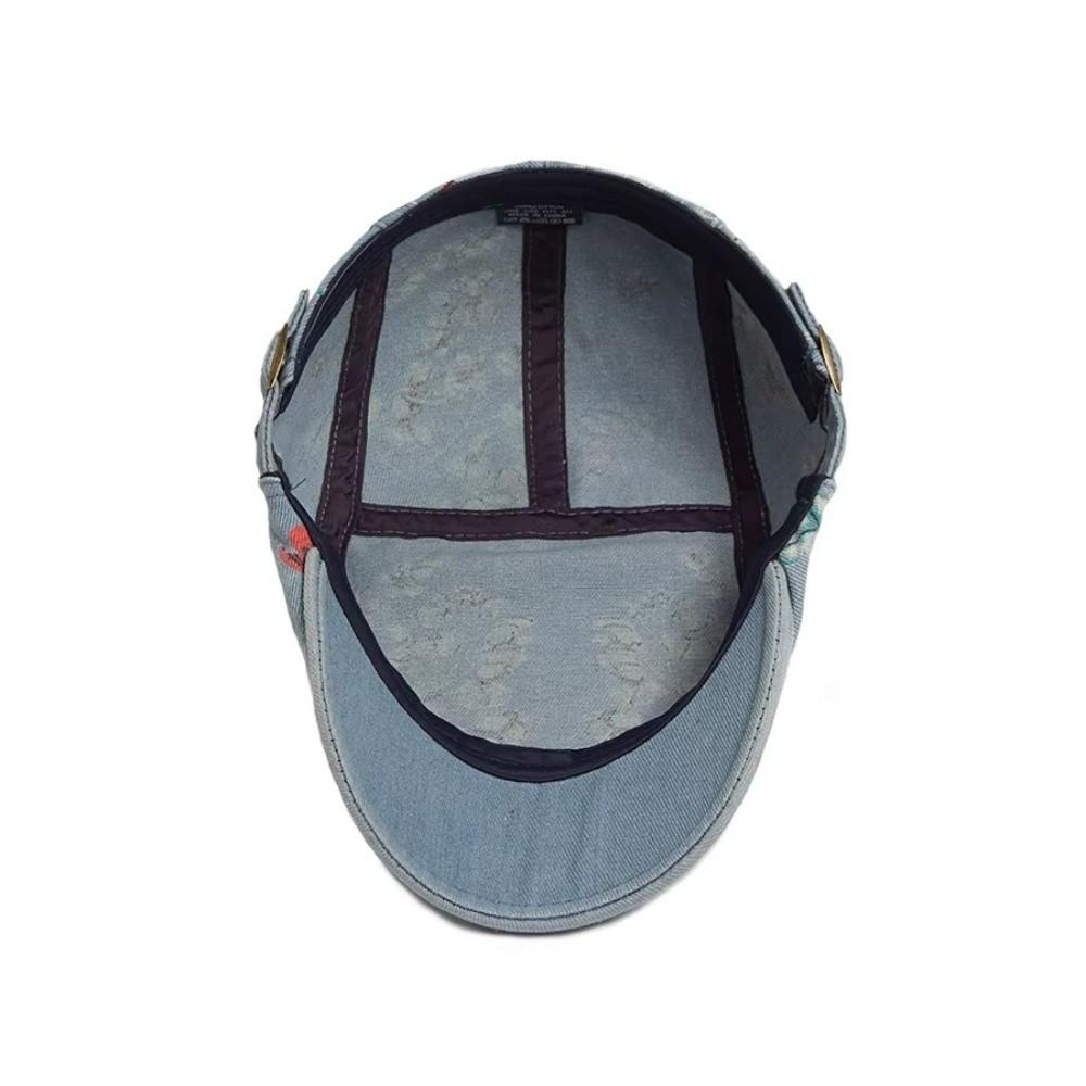 Ethnic Style Flower Print Beret Hat Thin Breathable Artistic Hat Washed Denim Adjustable Peaked Cap Women Men