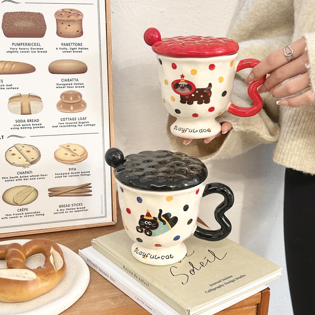 Ins Wind Puppy Mug with Lid Spoon Goblet Ceramic Water Cup Girls Cup Office Coffee Breakfast Cup Cup