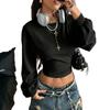 Sudadera con capucha corta para mujer Y2k, manga de farol, Streetwear, ajuste ceñido, top de manga larga