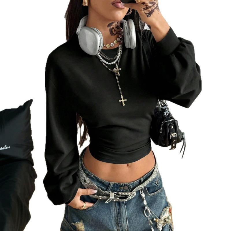 Sudadera con capucha corta para mujer Y2k, manga de farol, Streetwear, ajuste ceñido, top de manga larga