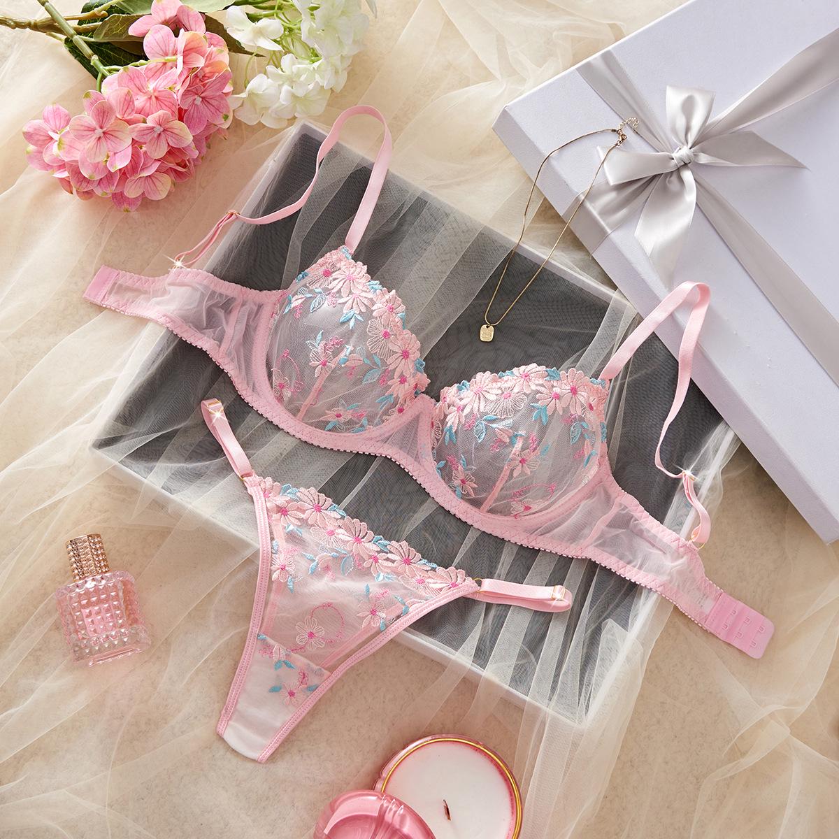 

Соблазнительный комплект нижнего белья из французского кружева и сетки: Сексуальный, Удобный, Дышащий Бюстгальтер и Стринги L розовый