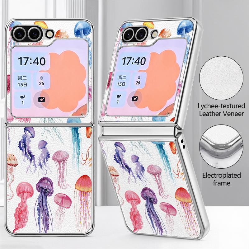 Summer Ocean Themed Phone Case For Samsung Galaxy Z FlIP 7 FE 6 5 Z Flip7 Flip6 Flip5 Luxury Plating PC+PU Leather Hybrid Folding Phone Cover