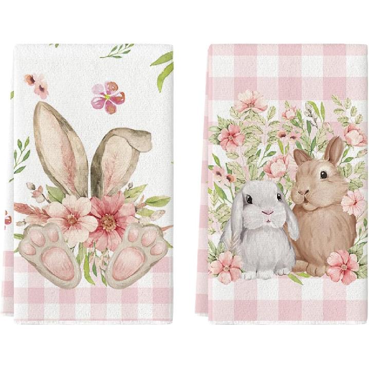 Artoid Mode Colorful Buffalo Plaid Bunny Rabbit Flower Easter Kitchen Towels Dish Towels, 18x26 Inch Seasonal Decoration Hand Towels Set of 2