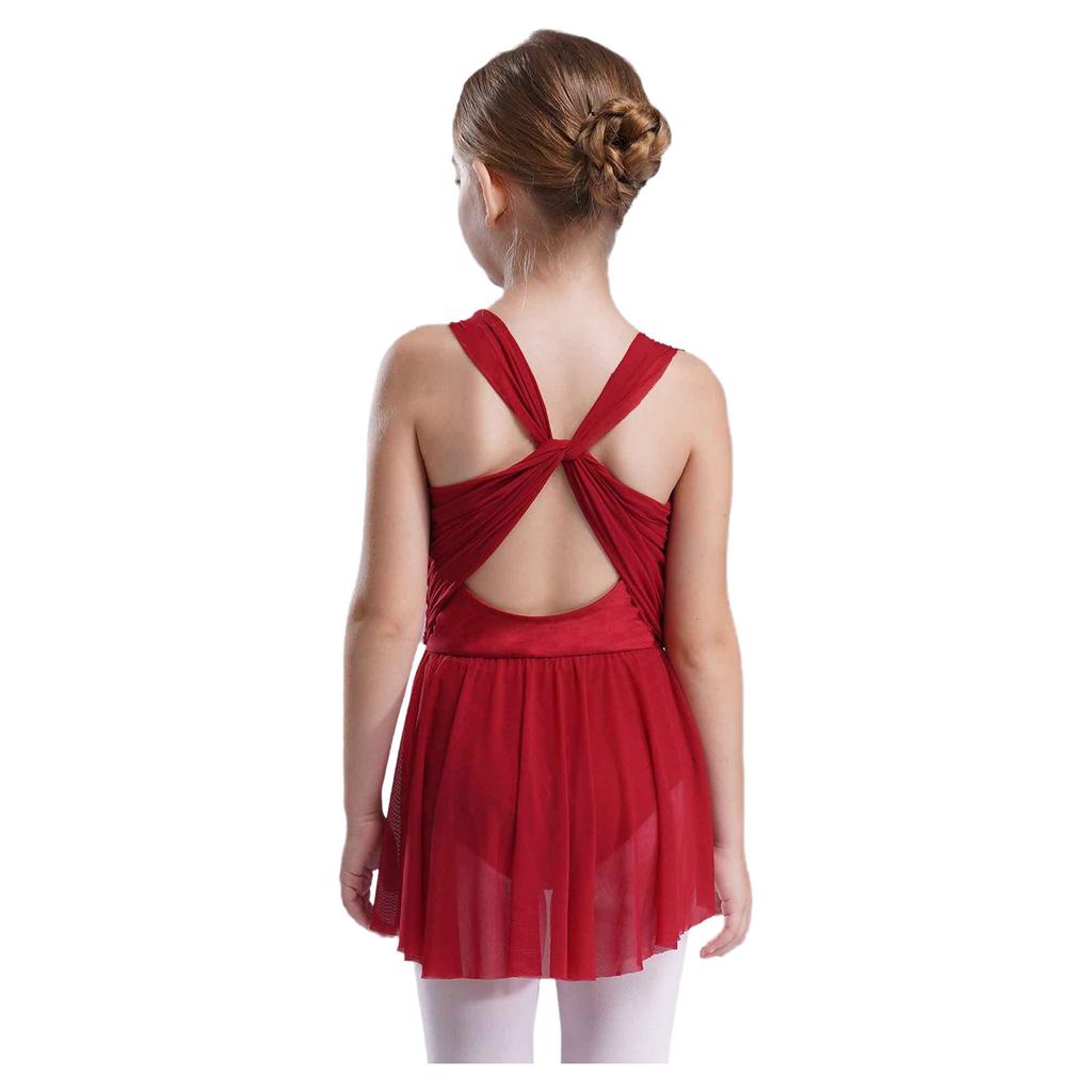 Girls Lyrical Dance Dress Cross Mesh Overlay Cutout Back Design Shiny Rhinestones Irregular Hem Figure Skating Gown