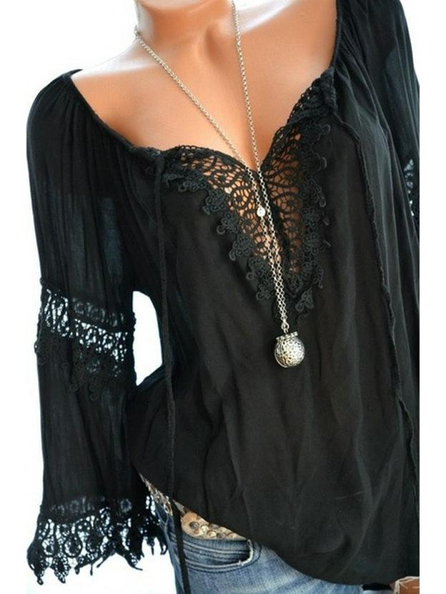 2024 Bestseller Off-the-Shoulder Cotton Linen Lace-Trim Long Sleeve Top
