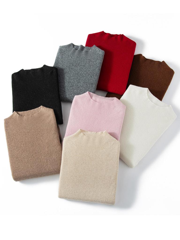 Women's Pure Cashmere Sweater - Half-High Neck, Slim Fit, Solid Color, Long Sleeve Pullover Knitwear, Perfect as a Base Layer for Autumn and Winter.