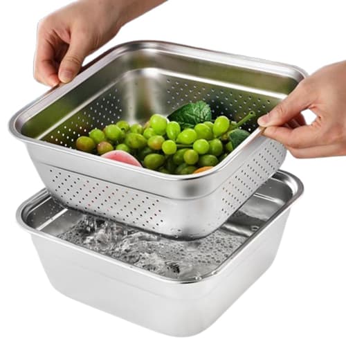 

Asdays Square Storage Bowl and Colander Set, Dishwasher Safe, Square Design, Space-Saving, Stainless Steel, Bowl and Colander (24cm)
