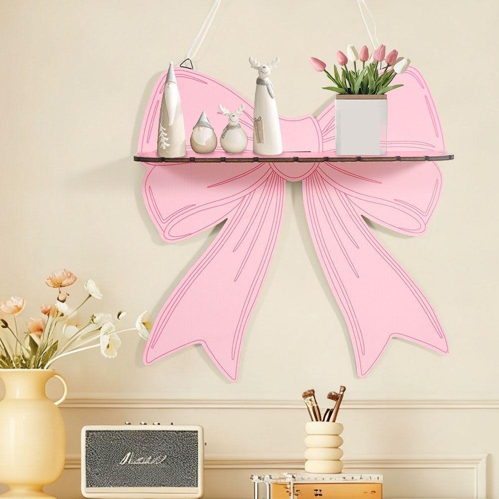 Étagère Murale à Nœud Rose Support en Bois Joli Support de Rangement Mural à Nœud Décoration Exquise Art Décor Étagère de Rangement en Bois
