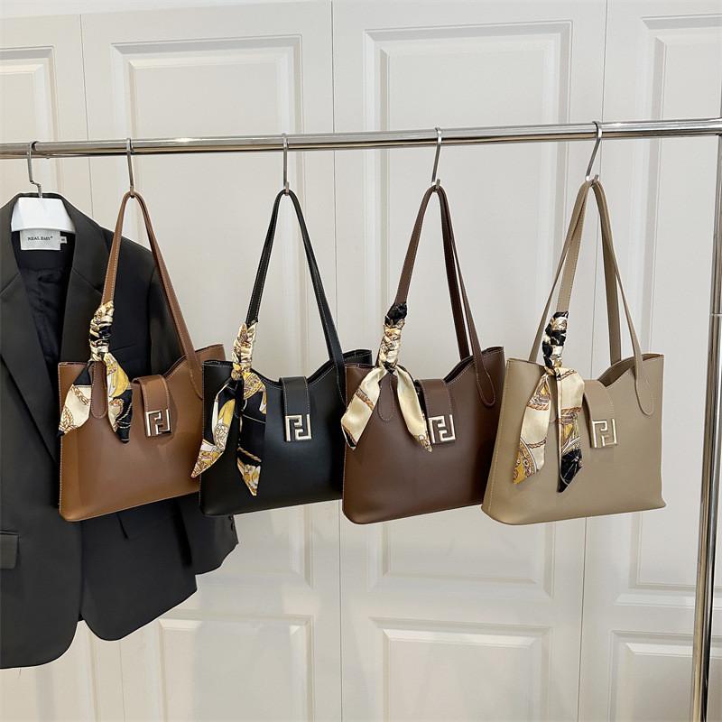 Capacity Large Simple Shoulder Bag With Solid Color Design And Decoration Scarf