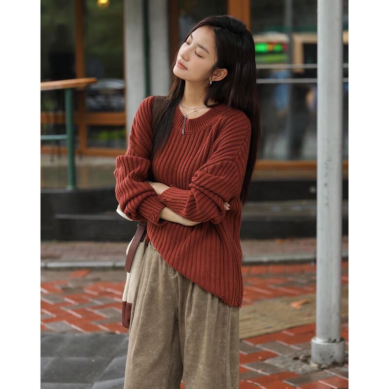 

Women s Retro Brick Red Distressed Knit Sweater S