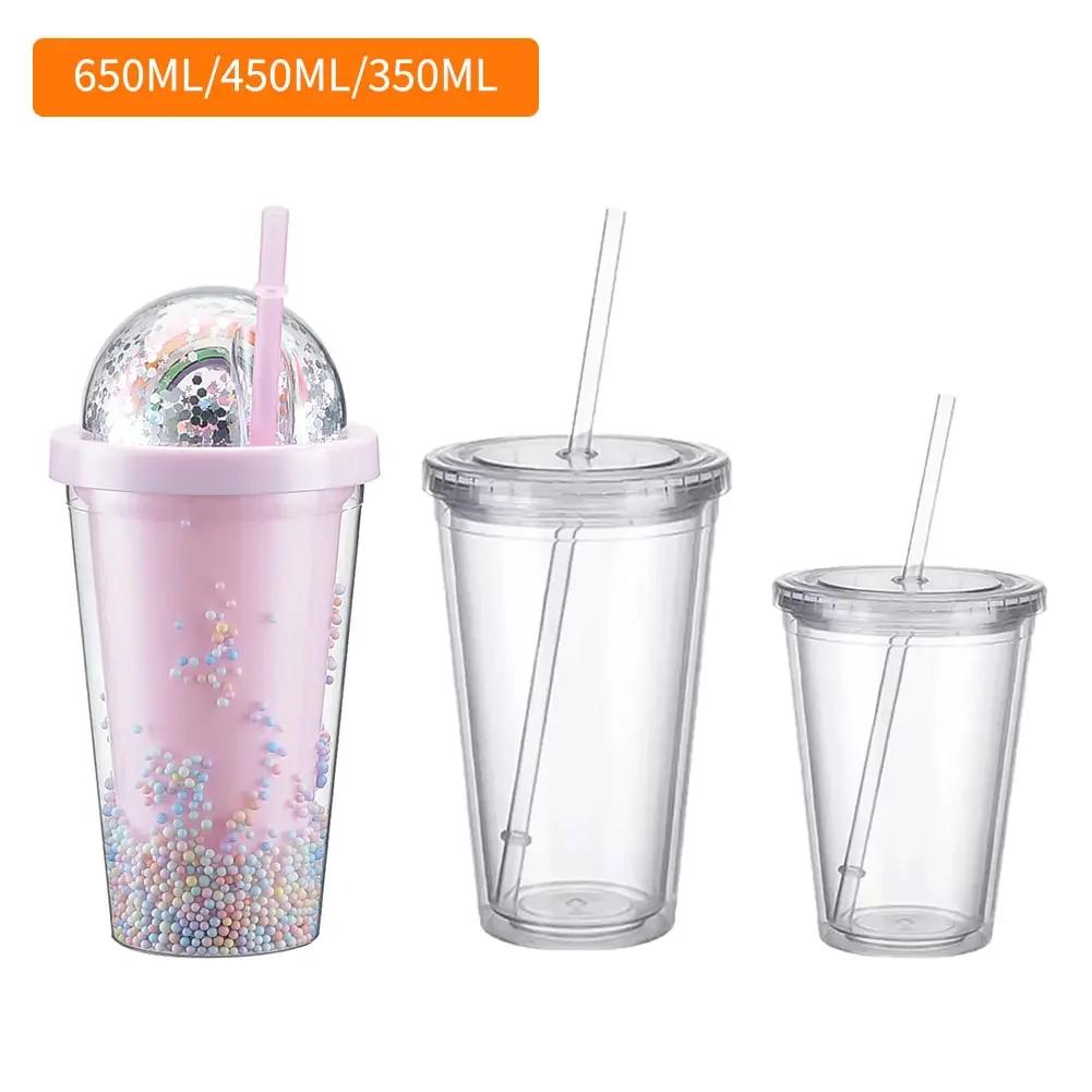 Clear Tumbler with Straw Reusable Transparent Double-layer Water Bottle for Coffee Milk DIY Smoothie Cup Drinkware