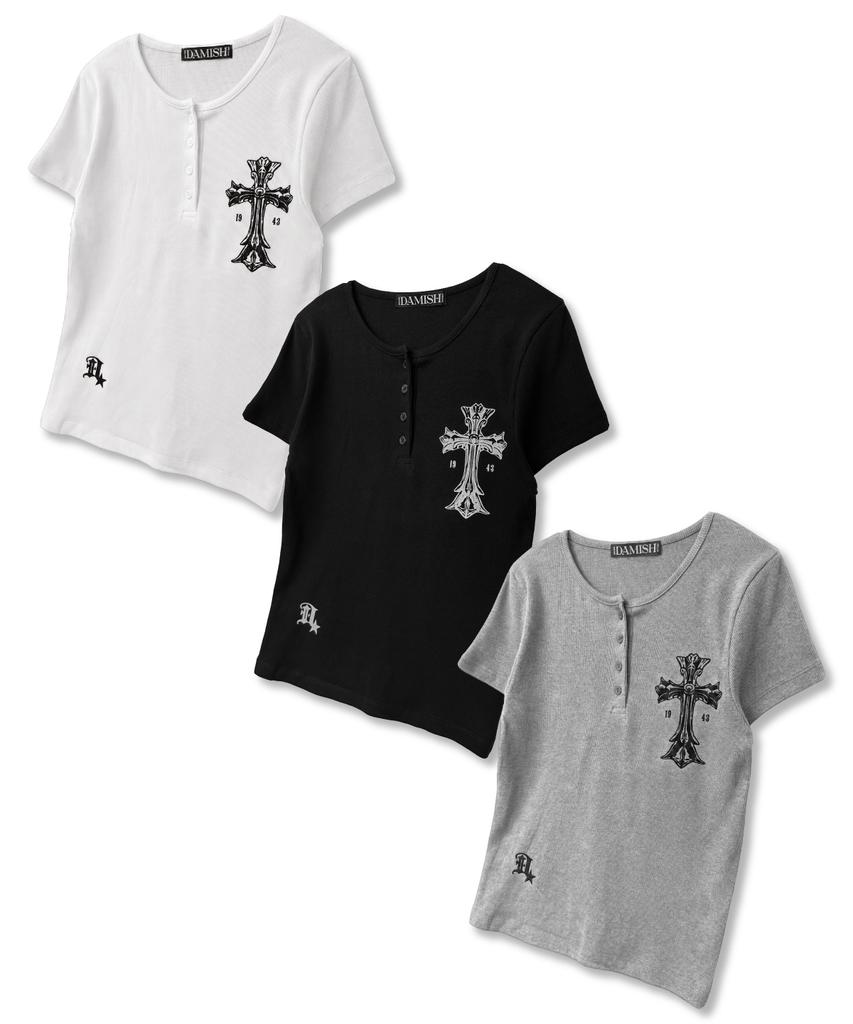 Damiswi Gothic Cross Henley Neck Short Sleeve_Black